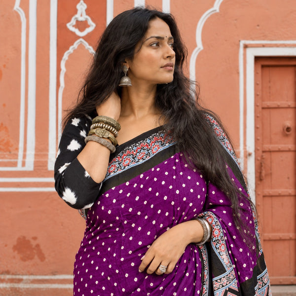 AJRAKH BANDHANI HANDBLOCK IRIS PURPLE - BLACK MODAL SILK SAREE