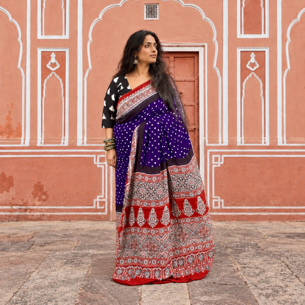 AJRAKH BANDHANI HANDBLOCK INDIGO PURPLE - BLOOD RED MODAL SILK SAREE