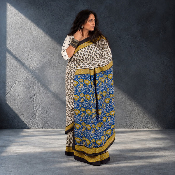 HANDBLOCK MUL COTTON CREAM - BLUE SAREE