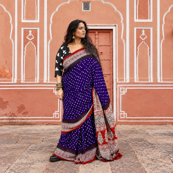 AJRAKH BANDHANI HANDBLOCK INDIGO PURPLE - BLOOD RED MODAL SILK SAREE