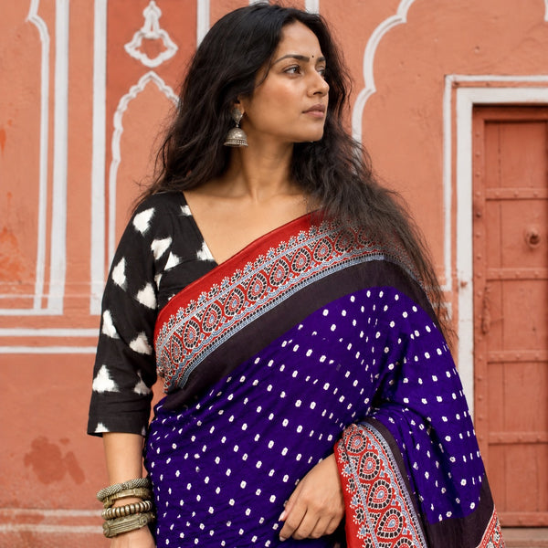 AJRAKH BANDHANI HANDBLOCK INDIGO PURPLE - BLOOD RED MODAL SILK SAREE