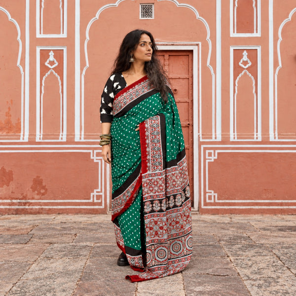 AJRAKH BANDHANI HANDBLOCK CASTLETON GREEN - BLOOD RED MODAL SILK SAREE