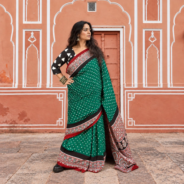 AJRAKH BANDHANI HANDBLOCK CASTLETON GREEN - BLOOD RED MODAL SILK SAREE
