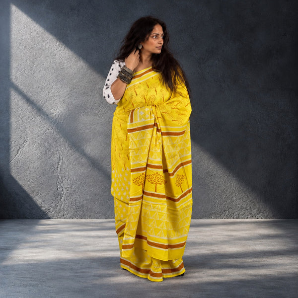 HANDBLOCK MUL COTTON YELLOW SAREE