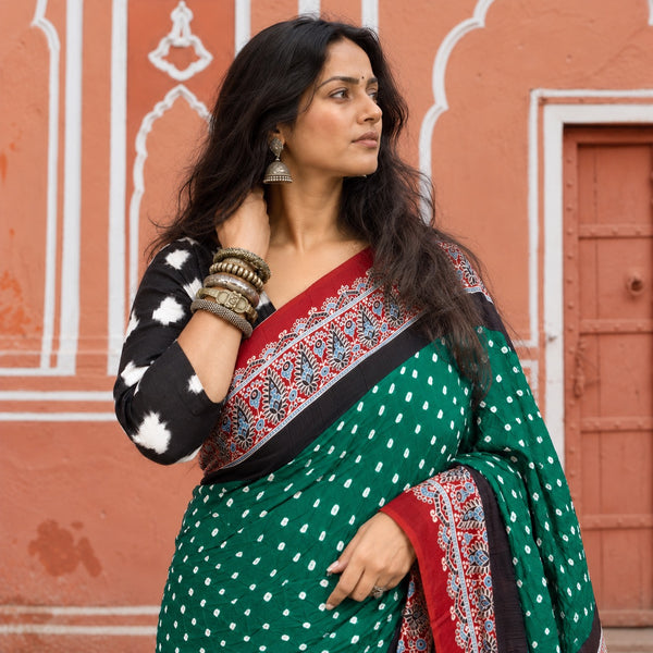 AJRAKH BANDHANI HANDBLOCK CASTLETON GREEN - BLOOD RED MODAL SILK SAREE