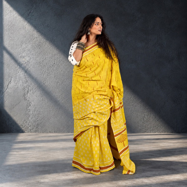 HANDBLOCK MUL COTTON YELLOW SAREE