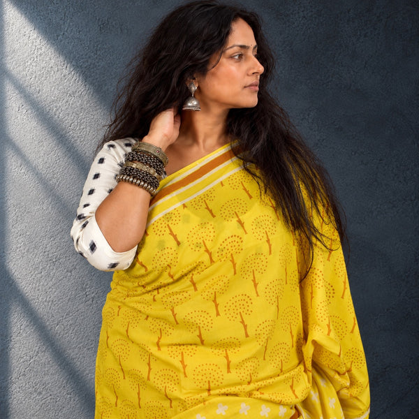 HANDBLOCK MUL COTTON YELLOW SAREE