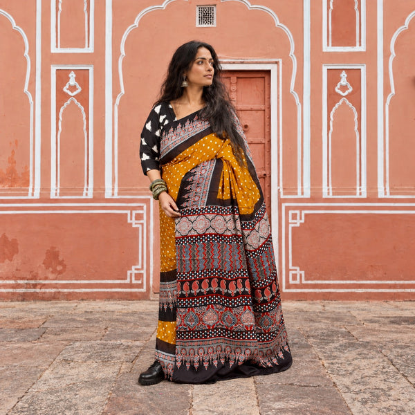 AJRAKH BANDHANI HANDBLOCK GOLD YELLOW - BLACK MODAL SILK SAREE