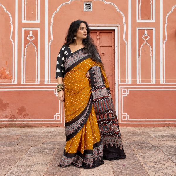 AJRAKH BANDHANI HANDBLOCK GOLD YELLOW - BLACK MODAL SILK SAREE