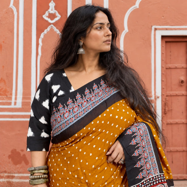 AJRAKH BANDHANI HANDBLOCK GOLD YELLOW - BLACK MODAL SILK SAREE