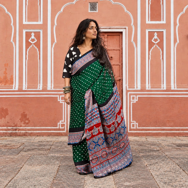 AJRAKH BANDHANI HANDBLOCK CASTLETON GREEN - STEEL BLUE MODAL SILK SAREE