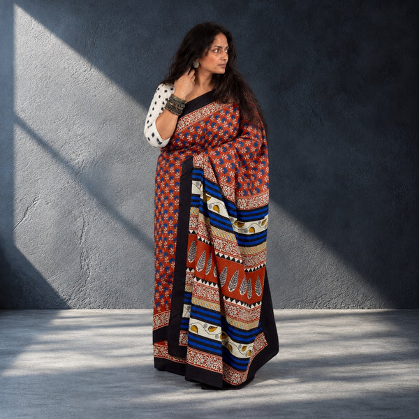HANDBLOCK MUL COTTON RED SAREE