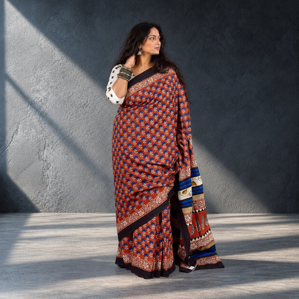 HANDBLOCK MUL COTTON RED SAREE