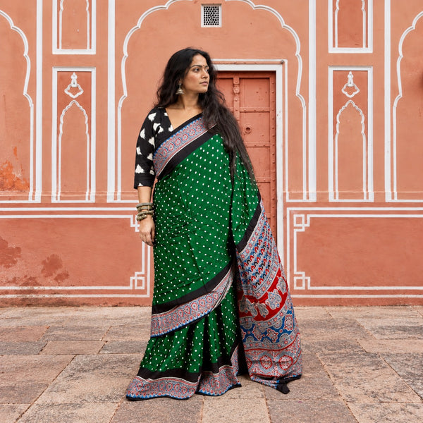 AJRAKH BANDHANI HANDBLOCK CASTLETON GREEN - STEEL BLUE MODAL SILK SAREE