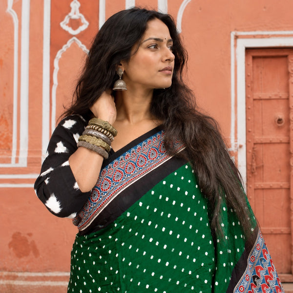 AJRAKH BANDHANI HANDBLOCK CASTLETON GREEN - STEEL BLUE MODAL SILK SAREE