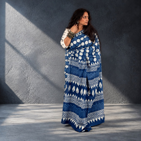 HANDBLOCK MUL COTTON INDIGO SAREE