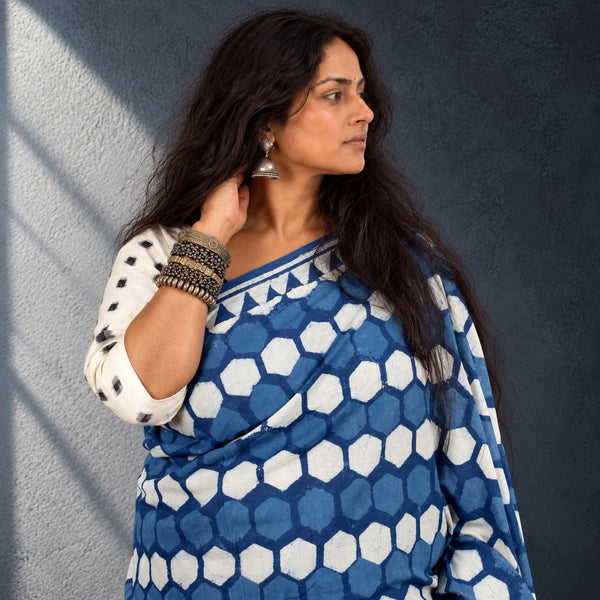 HANDBLOCK MUL COTTON INDIGO SAREE