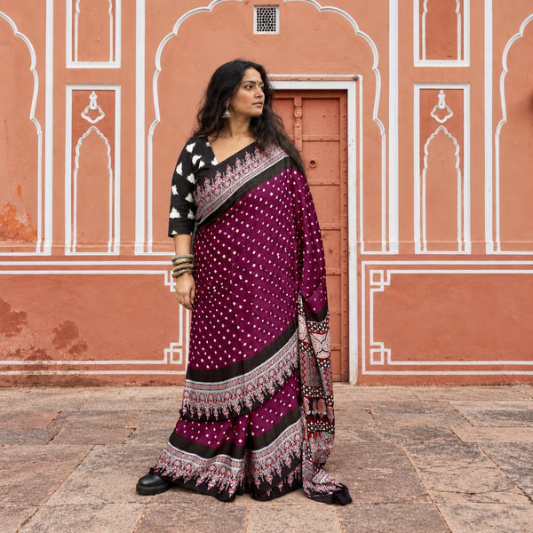 AJRAKH BANDHANI HANDBLOCK IRIS PURPLE - BLACK MODAL SILK SAREE