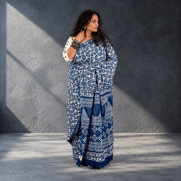 HANDBLOCK MUL COTTON INDIGO SAREE
