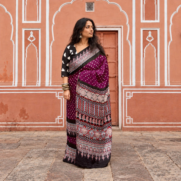 AJRAKH BANDHANI HANDBLOCK IRIS PURPLE - BLACK MODAL SILK SAREE