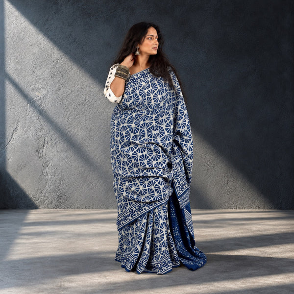 HANDBLOCK MUL COTTON INDIGO SAREE