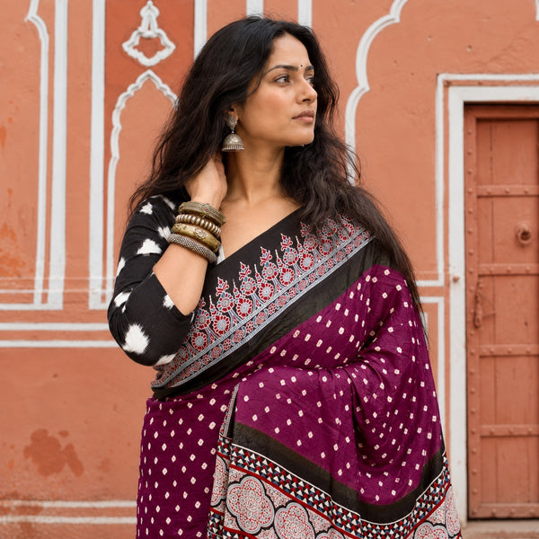 AJRAKH BANDHANI HANDBLOCK IRIS PURPLE - BLACK MODAL SILK SAREE