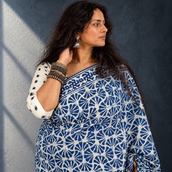 HANDBLOCK MUL COTTON INDIGO SAREE