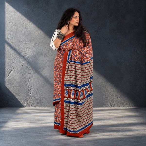 HANDBLOCK MUL COTTON RED SAREE