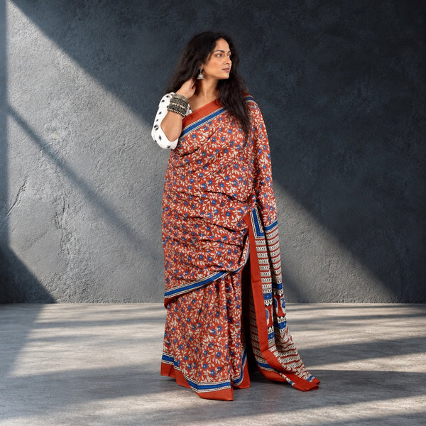 HANDBLOCK MUL COTTON RED SAREE
