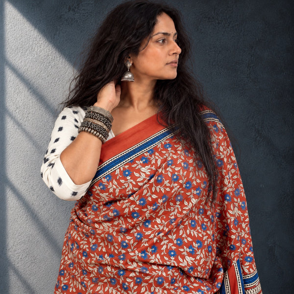 HANDBLOCK MUL COTTON RED SAREE