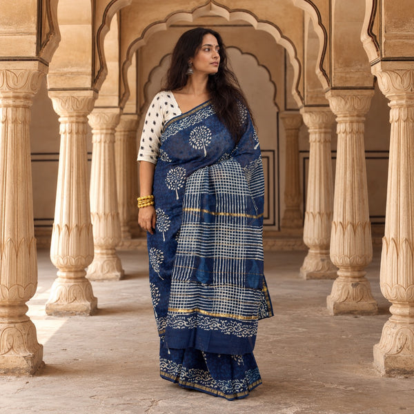 INDIGO HAND BLOCK PRINT CHANDERI COTTON SILK SAREE WITH ZARI BORDER