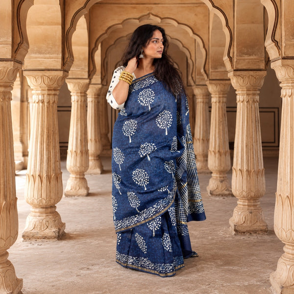INDIGO HAND BLOCK PRINT CHANDERI COTTON SILK SAREE WITH ZARI BORDER