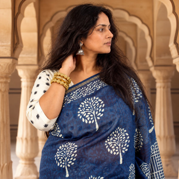 INDIGO HAND BLOCK PRINT CHANDERI COTTON SILK SAREE WITH ZARI BORDER