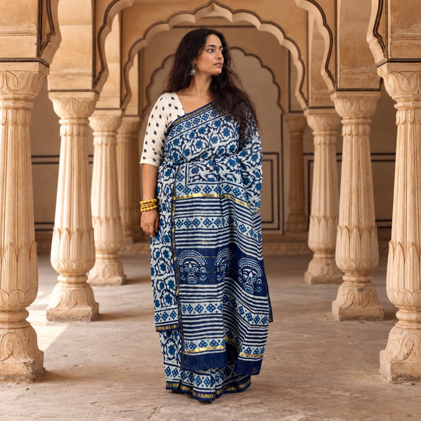 INDIGO HAND BLOCK PRINT CHANDERI COTTON SILK SAREE WITH ZARI BORDER