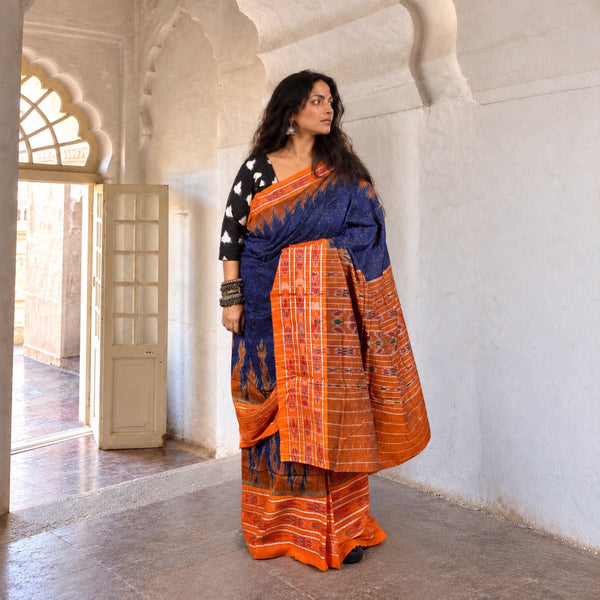 SAMBALPURI SINGLE IKAT ST. PATRICK'S BLUE  COTTON SAREE WITH IKAT BLOUSE PIECE
