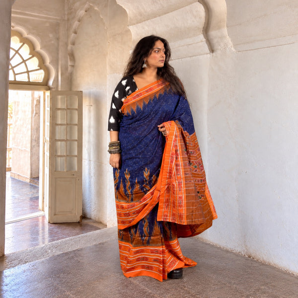 SAMBALPURI SINGLE IKAT ST. PATRICK'S BLUE  COTTON SAREE WITH IKAT BLOUSE PIECE