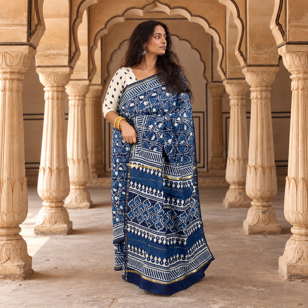 INDIGO HAND BLOCK PRINT CHANDERI COTTON SILK SAREE WITH ZARI BORDER