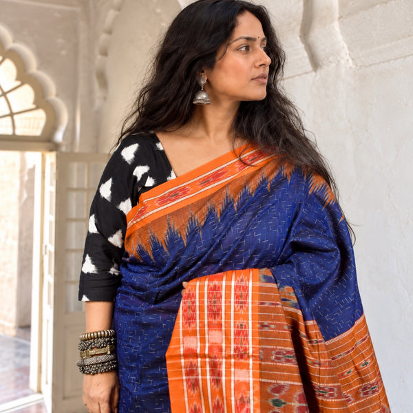 SAMBALPURI SINGLE IKAT ST. PATRICK'S BLUE  COTTON SAREE WITH IKAT BLOUSE PIECE