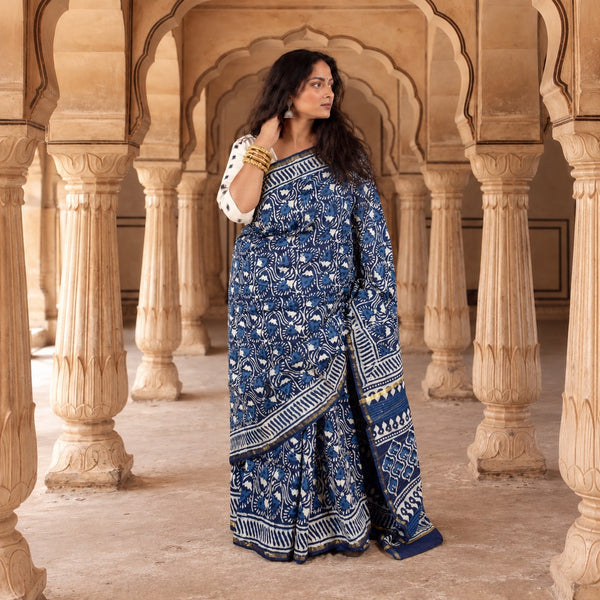 INDIGO HAND BLOCK PRINT CHANDERI COTTON SILK SAREE WITH ZARI BORDER