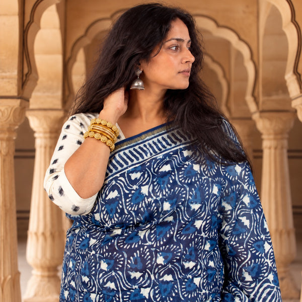 INDIGO HAND BLOCK PRINT CHANDERI COTTON SILK SAREE WITH ZARI BORDER