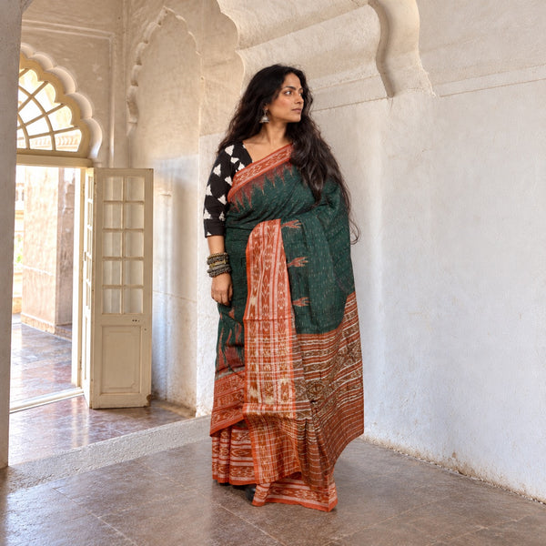 SAMBALPURI SINGLE IKAT HUNTER GREEN  COTTON SAREE WITH IKAT BLOUSE PIECE