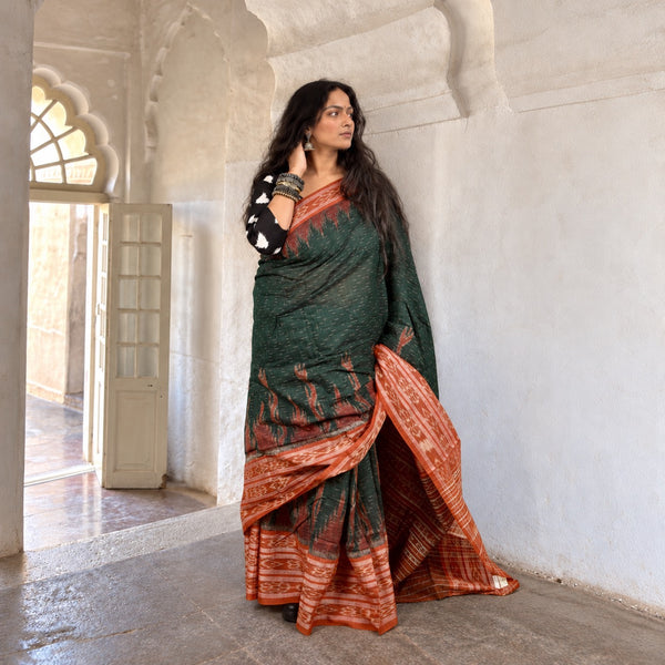 SAMBALPURI SINGLE IKAT HUNTER GREEN  COTTON SAREE WITH IKAT BLOUSE PIECE
