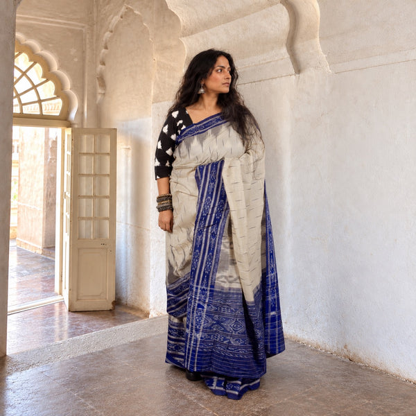 SAMBALPURI SINGLE IKAT PARCHMENT CREAM COTTON SAREE WITH IKAT BLOUSE PIECE