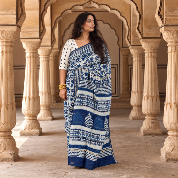 INDIGO HAND BLOCK PRINT CHANDERI COTTON SILK SAREE WITH ZARI BORDER