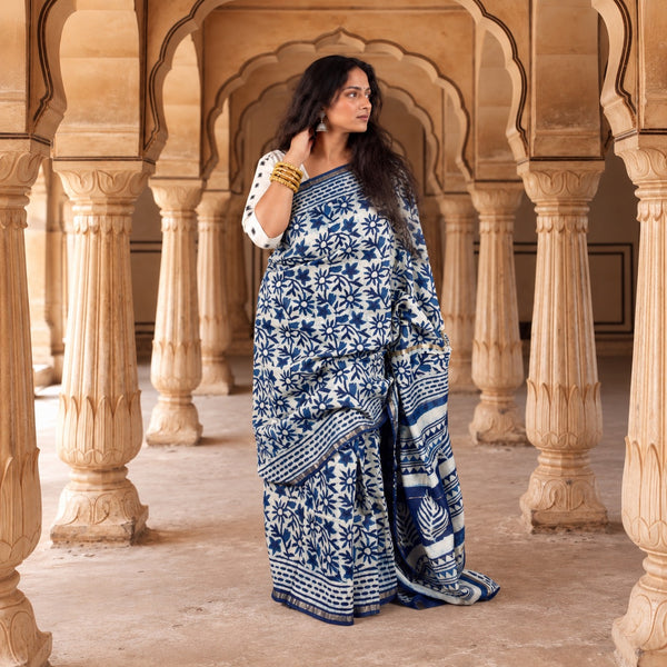 INDIGO HAND BLOCK PRINT CHANDERI COTTON SILK SAREE WITH ZARI BORDER