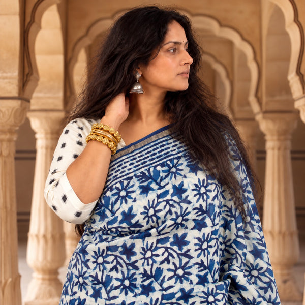 INDIGO HAND BLOCK PRINT CHANDERI COTTON SILK SAREE WITH ZARI BORDER