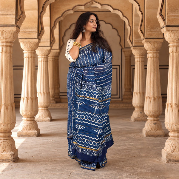 INDIGO HAND BLOCK PRINT CHANDERI COTTON SILK SAREE WITH ZARI BORDER