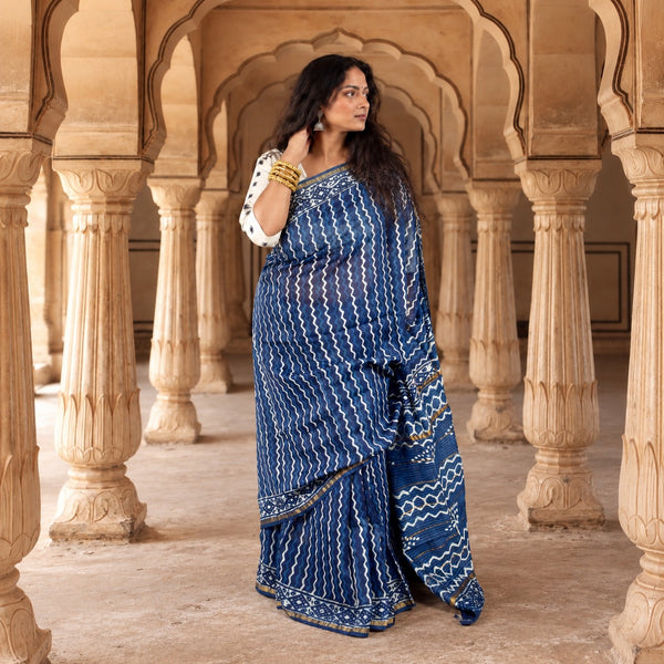INDIGO HAND BLOCK PRINT CHANDERI COTTON SILK SAREE WITH ZARI BORDER