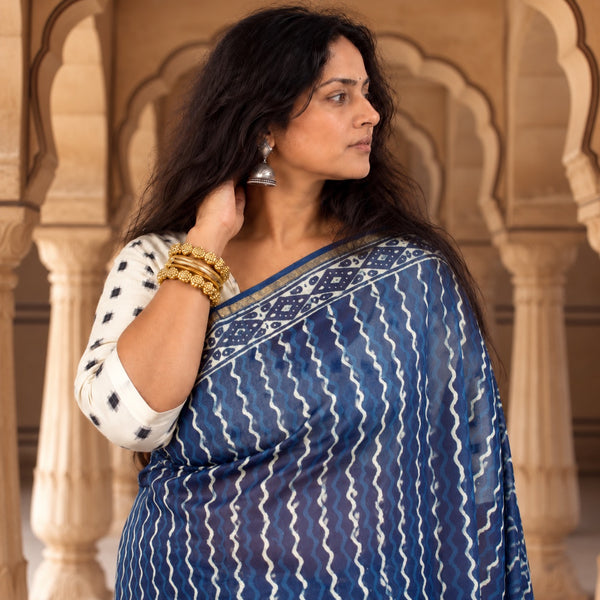 INDIGO HAND BLOCK PRINT CHANDERI COTTON SILK SAREE WITH ZARI BORDER