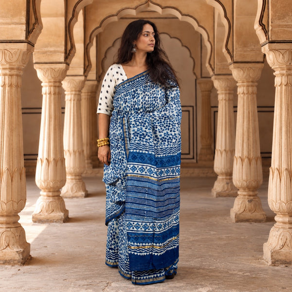 INDIGO HAND BLOCK PRINT CHANDERI COTTON SILK SAREE WITH ZARI BORDER